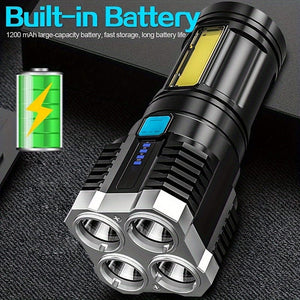 Planet Gates 1pc LED Flashlight, Powerful 4 LED Flashlight With COB Side Light, 4 Modes USB Rechargeable LED Torch, Waterproof Built In Battery Flashlight, Camping Tool