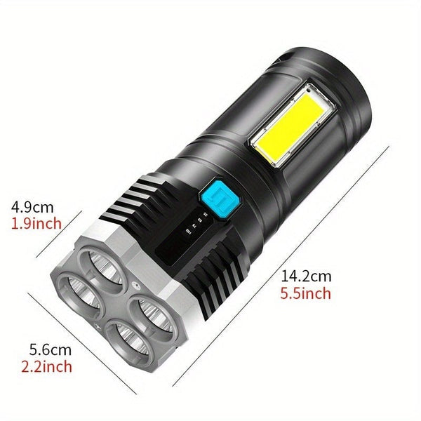 Planet Gates 1pc LED Flashlight, Powerful 4 LED Flashlight With COB Side Light, 4 Modes USB Rechargeable LED Torch, Waterproof Built In Battery Flashlight, Camping Tool