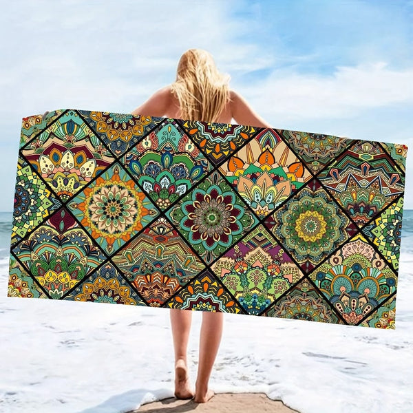 Planet Gates 1pc Mandala Pattern Beach Towel, Quick Drying Soft Absorbent Beach Towel, For Outdoor Travel Camping Summer Vacation, Swimming Pool Supplies, Beach Essentials