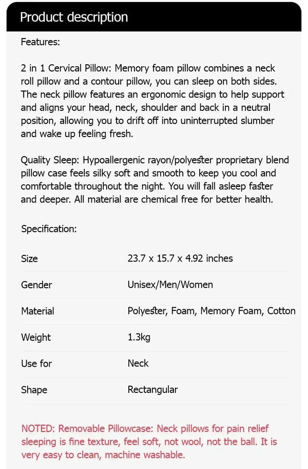 Planet Gates 1pc Memory Foam Cervical Pillow, 2 in 1 Ergonomic Contour Orthopedic Pillow for Neck Pain Support Pillows Pillowcase replacement