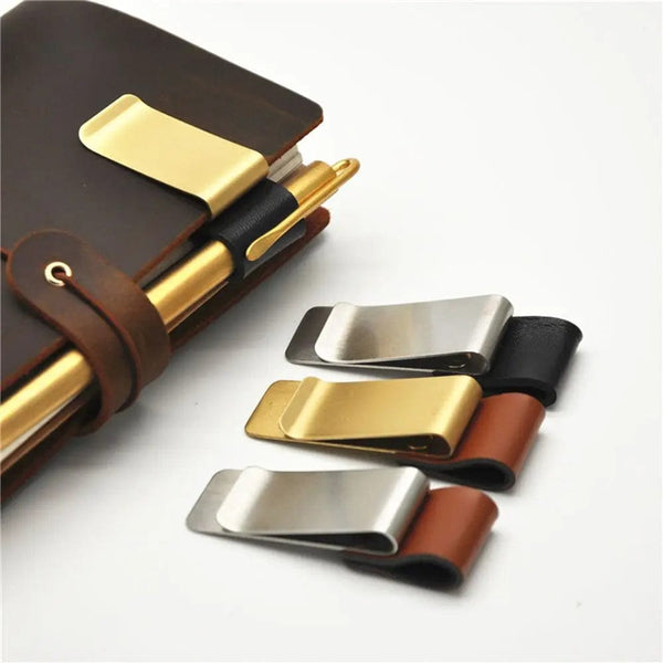 Planet Gates 1Pc Metal Leather Pen Holder Brass Stainless Steel Pencil Clip Vintage Dairy Notebook Pen Holder Spiral Loose Leaf Memo Clip