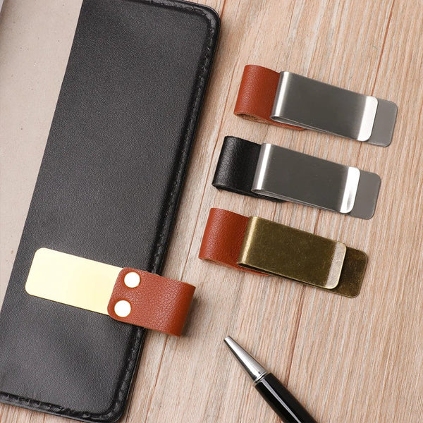 Planet Gates 1Pc Metal Leather Pen Holder Brass Stainless Steel Pencil Clip Vintage Dairy Notebook Pen Holder Spiral Loose Leaf Memo Clip