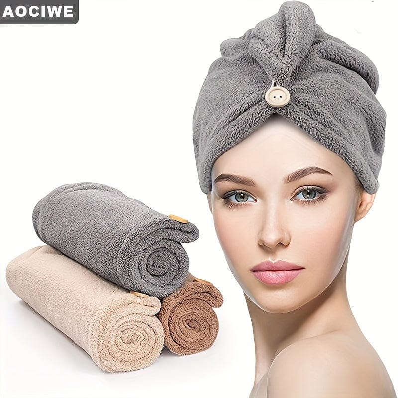 Planet Gates 1pc Microfiber Hair Towel, Hair Towel With Button, Super Absorbent, Hair Towel Wrap, For Curly Hair, Fast Drying Hair Wraps For Women, Anti Frizz Microfiber Towel, Grey, Camel, Brown, Bathroom Accessories