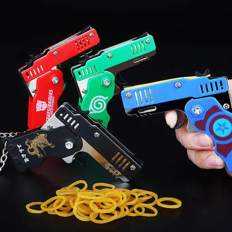 Planet Gates 1pc Mini Toy Metal Gun with Rubber Band Fun Folding Pistol Key Charm Pendant Kids Birthday Gifts Toys Boy Girl Game Party Favors