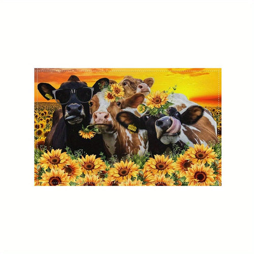 Planet Gates 1pc Placemat 1/4/6pcs Place Mats, Polyester Placemats Set, Abstract Cow & Yellow Sunflowers Design Placemat, Farmhouse Style Dining Table Mats, For Family, Hotel, Banquet, Holiday, Floral Kitchen Decor, Home Supplies