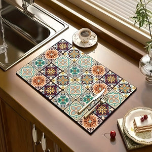 Planet Gates 1pc, Quick Dry Coffee Mat, Coffee Bar Accessories, Non-slip Floral Boho Kitchen Counter Absorbent Plate Drying Mat, Microfiber Suitable For Coffee Maker, Coffee Pot, Super Absorbent Mat, Good Cleaning