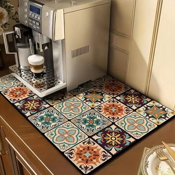 Planet Gates 1pc, Quick Dry Coffee Mat, Coffee Bar Accessories, Non-slip Floral Boho Kitchen Counter Absorbent Plate Drying Mat, Microfiber Suitable For Coffee Maker, Coffee Pot, Super Absorbent Mat, Good Cleaning