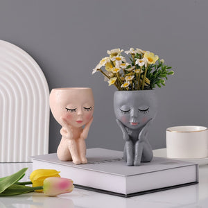 Planet Gates 1pc Resin Creative Nordic Face Doll Desktop Decoration Flower Pot Plant Pot Cactus Plant Pot Flower Pot Container Planter With Drainage Hole Home Office Desk Garden Gift Idea, Home Decoration, Garden Decoration