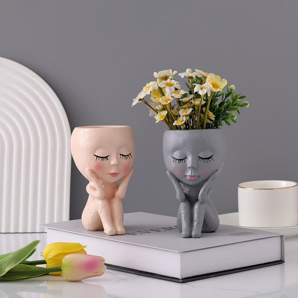 Planet Gates 1pc Resin Creative Nordic Face Doll Desktop Decoration Flower Pot Plant Pot Cactus Plant Pot Flower Pot Container Planter With Drainage Hole Home Office Desk Garden Gift Idea, Home Decoration, Garden Decoration