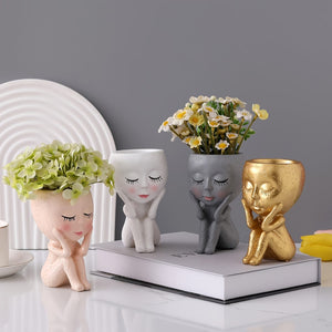 Planet Gates 1pc Resin Creative Nordic Face Doll Desktop Decoration Flower Pot Plant Pot Cactus Plant Pot Flower Pot Container Planter With Drainage Hole Home Office Desk Garden Gift Idea, Home Decoration, Garden Decoration