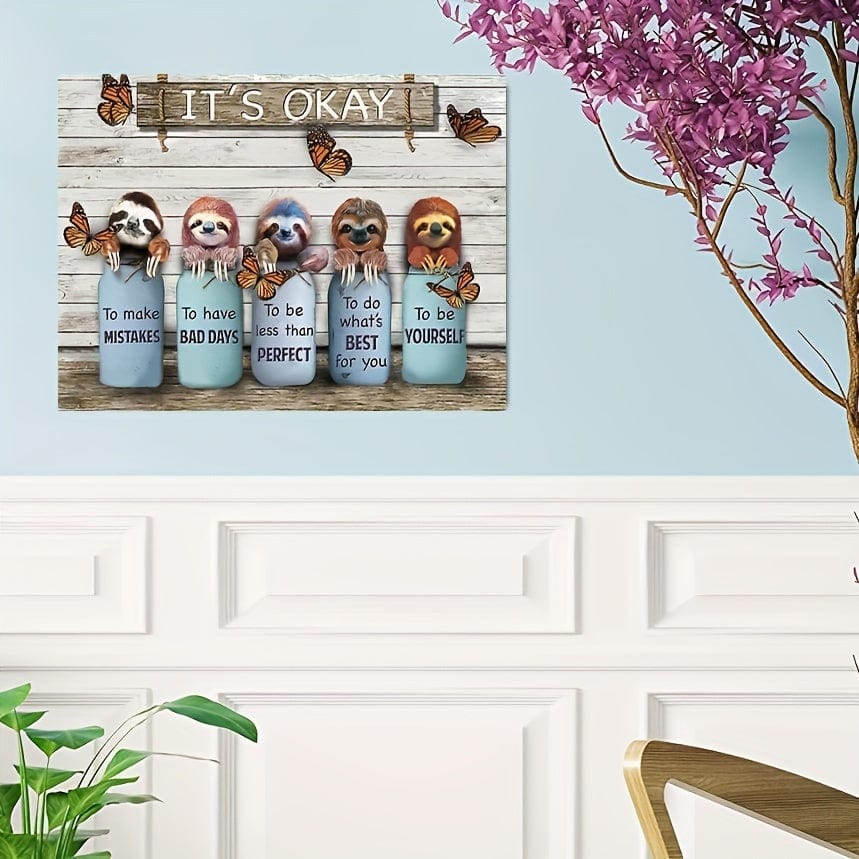 Planet Gates 1pc Sloth Butterfly It's Okay Landscape Canvas Gift For Sloth Lovers, Birthday Gift Decor Home Decor Wall Art Visual Art, No Frame