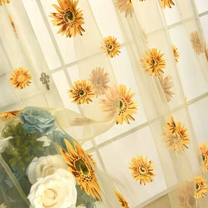 Planet Gates 1pc Sunflowers Print Semi-sheer Curtain With Rod Pocket Top, Light Filtering Voile Drape For Living Room Bedroom Kitchen Cafe Curtains