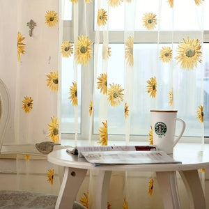 Planet Gates 1pc Sunflowers Print Semi-sheer Curtain With Rod Pocket Top, Light Filtering Voile Drape For Living Room Bedroom Kitchen Cafe Curtains