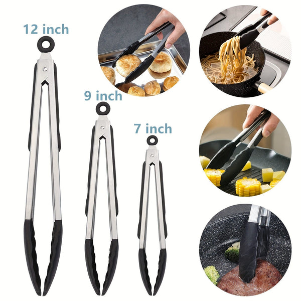 Planet Gates 1PC Tongs For Cooking, Kitchen Tongs With Silicone Tips, High Heat Resistant Locking Tongs, Heavy Duty, Great Grips, 7, 9, 30.48 Cm, Black