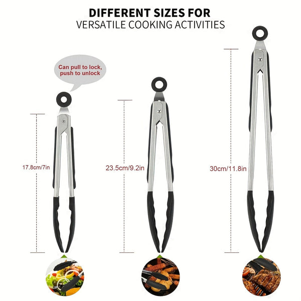 Planet Gates 1PC Tongs For Cooking, Kitchen Tongs With Silicone Tips, High Heat Resistant Locking Tongs, Heavy Duty, Great Grips, 7, 9, 30.48 Cm, Black