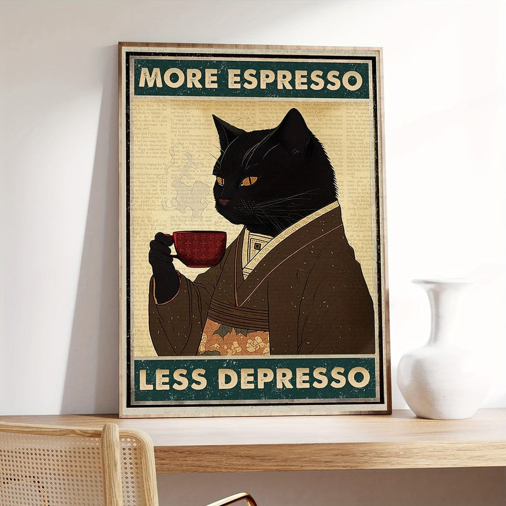 Planet Gates 1pc Unframed Canvas Poster, Retro Art, Vintage Black Cat Coffee Poster, More Espresso Less Depresso Canvas Print, Ideal Gift For Bedroom Living Room Corridor, Wall Art, Wall Decor, Winter Decor, Room Decoration