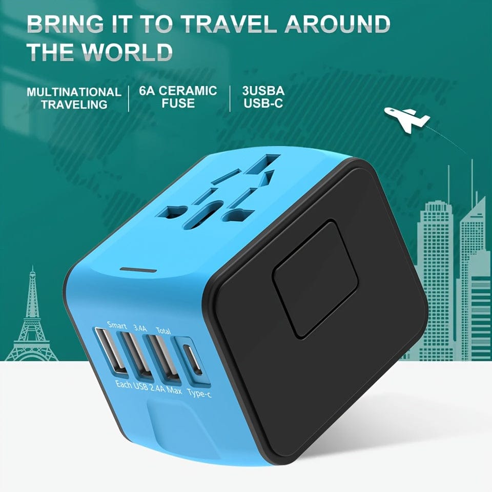 Planet Gates Blue 1pc Universal Travel Adapter, Worldwide International Power Adapter, High Speed 2.4A 4*USB, Type-C 3.0A Port With Worldwide AC Power Plug Wall Charger For Europe UK EU US CA AU Italy Asia And More Than 170 Countries