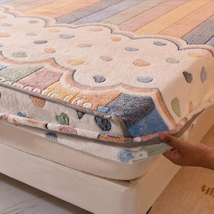 Planet Gates 1pc Velvet Thick Fitted Sheet, Love Rainbow Striped Print Soft Comfortable Warm Autumn And Winter Bedding Mattress Protector, For Bedroom Guest Room Dorm Apartment, With Deep Pocket, Fitted Bed Sheet Only