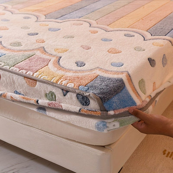 Planet Gates 1pc Velvet Thick Fitted Sheet, Love Rainbow Striped Print Soft Comfortable Warm Autumn And Winter Bedding Mattress Protector, For Bedroom Guest Room Dorm Apartment, With Deep Pocket, Fitted Bed Sheet Only