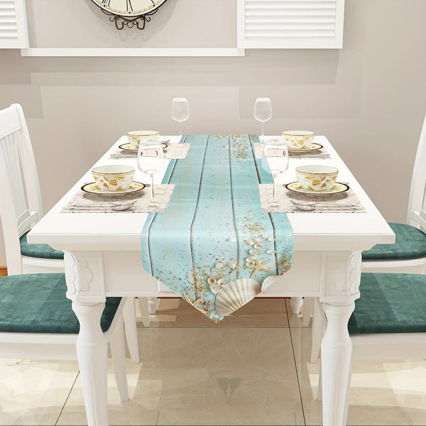 Planet Gates 1pc Vintage Ocean Style Encrypted Linen Table Runner, Summer Style Seahorse/Starfish/Seashell/Sand/Conch Table Runner, Tabletop Protection, Perfect For Kitchen Restaurant Dining Wedding Party Supplies