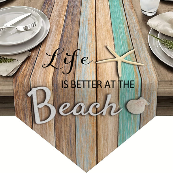 Planet Gates 1pc Vintage Ocean Style Encrypted Linen Table Runner, Summer Style Seahorse/Starfish/Seashell/Sand/Conch Table Runner, Tabletop Protection, Perfect For Kitchen Restaurant Dining Wedding Party Supplies