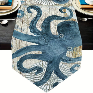 Planet Gates 1pc Vintage Ocean Style Encrypted Linen Table Runner, Summer Style Seahorse/Starfish/Seashell/Sand/Conch Table Runner, Tabletop Protection, Perfect For Kitchen Restaurant Dining Wedding Party Supplies