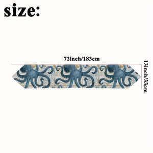 Planet Gates 1pc Vintage Ocean Style Encrypted Linen Table Runner, Summer Style Seahorse/Starfish/Seashell/Sand/Conch Table Runner, Tabletop Protection, Perfect For Kitchen Restaurant Dining Wedding Party Supplies