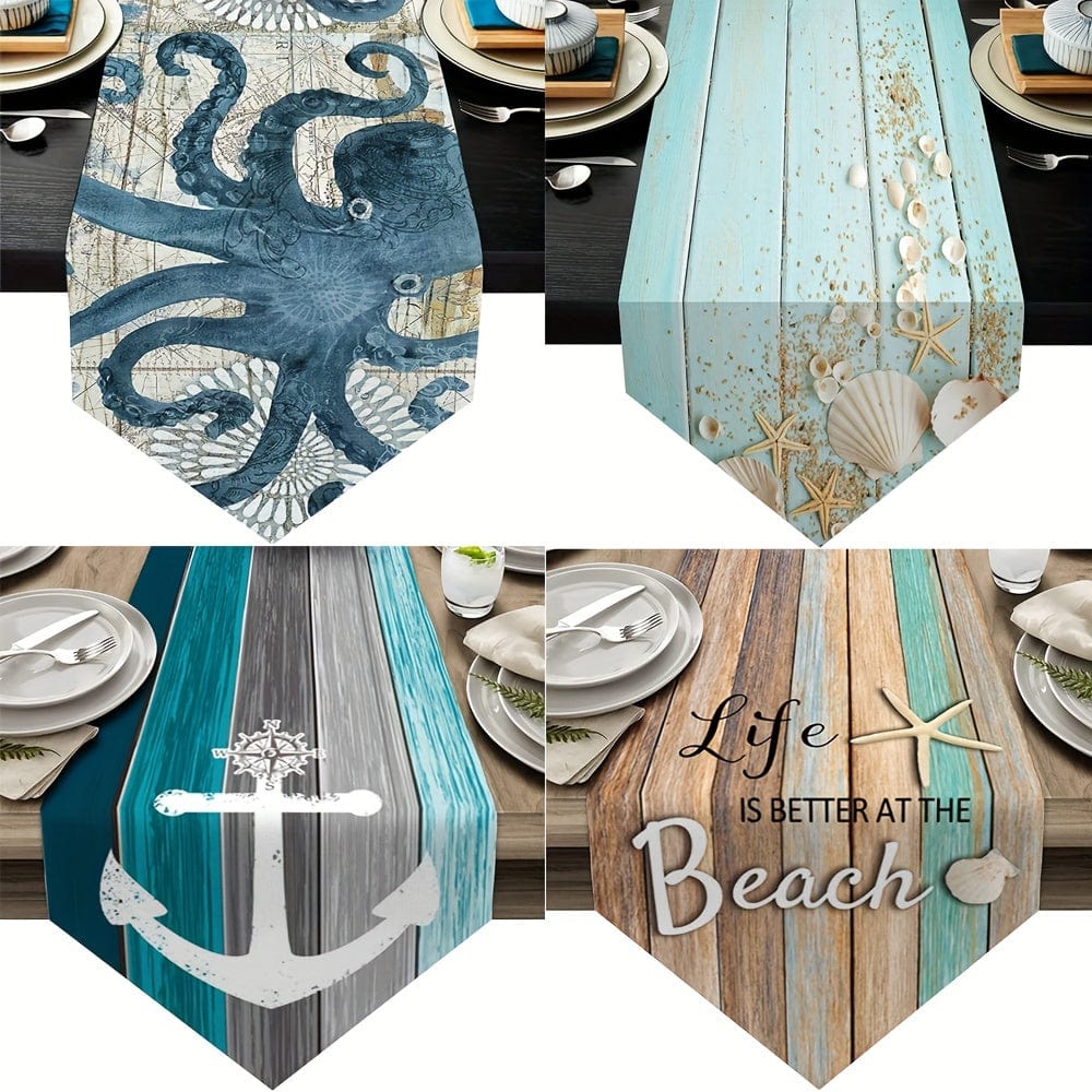 Planet Gates 1pc Vintage Ocean Style Encrypted Linen Table Runner, Summer Style Seahorse/Starfish/Seashell/Sand/Conch Table Runner, Tabletop Protection, Perfect For Kitchen Restaurant Dining Wedding Party Supplies