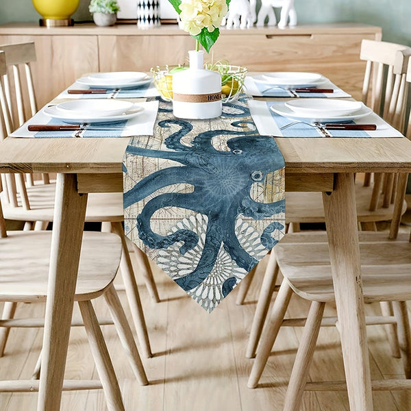 Planet Gates 1pc Vintage Ocean Style Encrypted Linen Table Runner, Summer Style Seahorse/Starfish/Seashell/Sand/Conch Table Runner, Tabletop Protection, Perfect For Kitchen Restaurant Dining Wedding Party Supplies