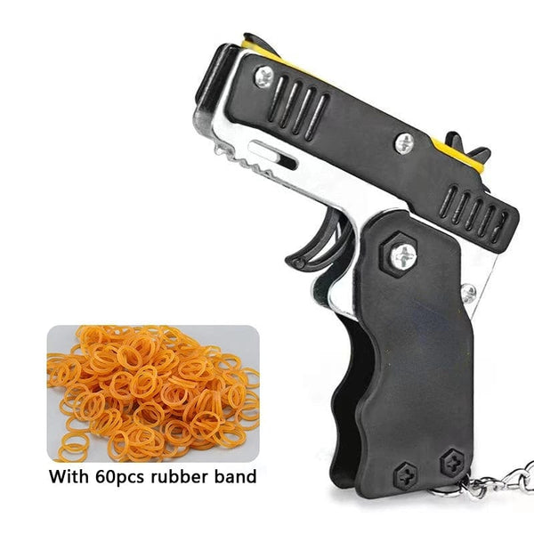 Planet Gates 1pcs Mini Metal Gun Folding Rubber Band Toy Outdoor Sports Keychain Toy 6 Bursts Rubber Pistol Kids Gifts Party Favor Gun Toys