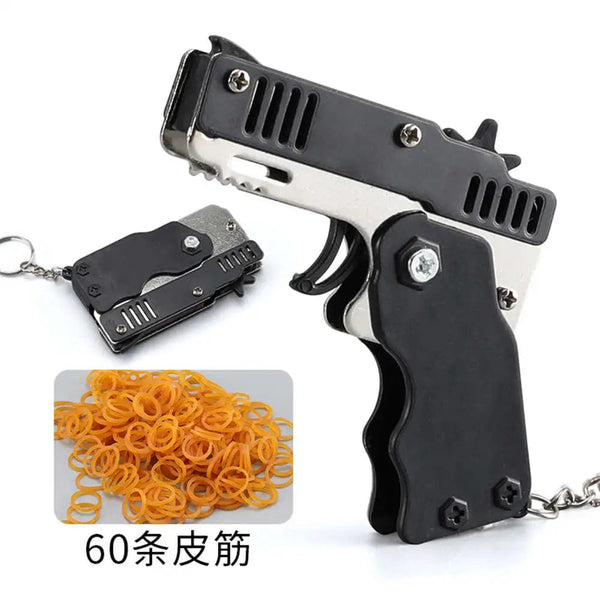 Planet Gates 1pcs Mini Metal Gun Folding Rubber Band Toy Outdoor Sports Keychain Toy 6 Bursts Rubber Pistol Kids Gifts Party Favor Gun Toys