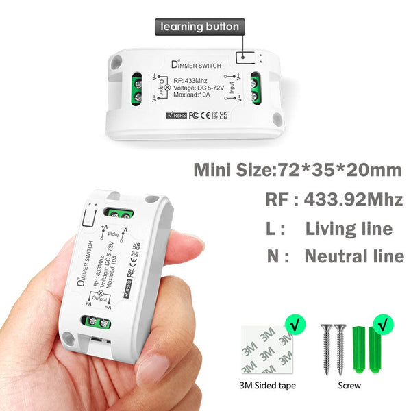 Planet Gates 1Receiver 1Remote RF 433 Mhz Universal Wireless Smart Light Dimmer Switch Remote Control switch DC 5V 12V 24V 48V Relay Mini Receiver for Light