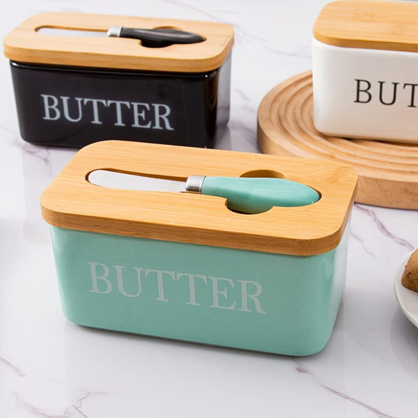 Planet Gates 1set Ceramic Butter Dish With Bamboo Lid And Knife, Large Butter Keeper Container For Counter, Airtight Butter Holder With Cover For Kitchen