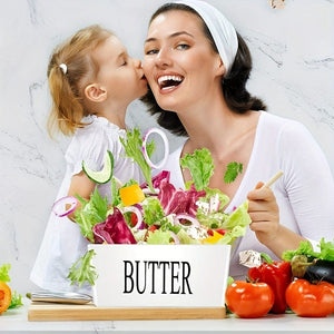 Planet Gates 1set Ceramic Butter Dish With Bamboo Lid And Knife, Large Butter Keeper Container For Counter, Airtight Butter Holder With Cover For Kitchen