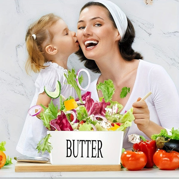 Planet Gates 1set Ceramic Butter Dish With Bamboo Lid And Knife, Large Butter Keeper Container For Counter, Airtight Butter Holder With Cover For Kitchen