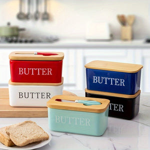 Planet Gates 1set Ceramic Butter Dish With Bamboo Lid And Knife, Large Butter Keeper Container For Counter, Airtight Butter Holder With Cover For Kitchen