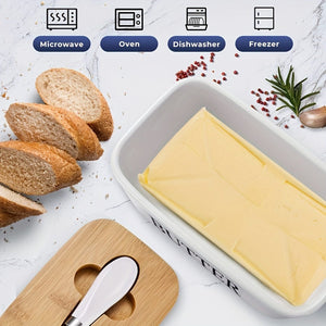 Planet Gates 1set Ceramic Butter Dish With Bamboo Lid And Knife, Large Butter Keeper Container For Counter, Airtight Butter Holder With Cover For Kitchen