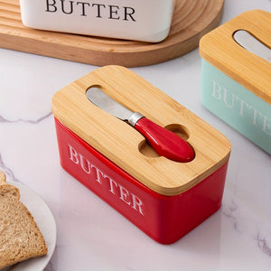 Planet Gates 1set Ceramic Butter Dish With Bamboo Lid And Knife, Large Butter Keeper Container For Counter, Airtight Butter Holder With Cover For Kitchen
