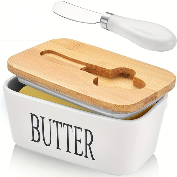 Planet Gates 1set Ceramic Butter Dish With Bamboo Lid And Knife, Large Butter Keeper Container For Counter, Airtight Butter Holder With Cover For Kitchen