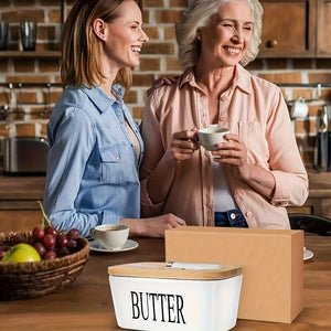 Planet Gates 1set Ceramic Butter Dish With Bamboo Lid And Knife, Large Butter Keeper Container For Counter, Airtight Butter Holder With Cover For Kitchen