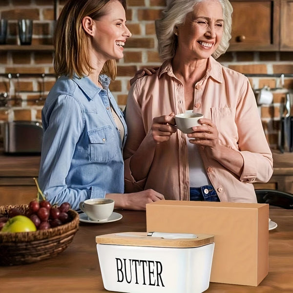 Planet Gates 1set Ceramic Butter Dish With Bamboo Lid And Knife, Large Butter Keeper Container For Counter, Airtight Butter Holder With Cover For Kitchen