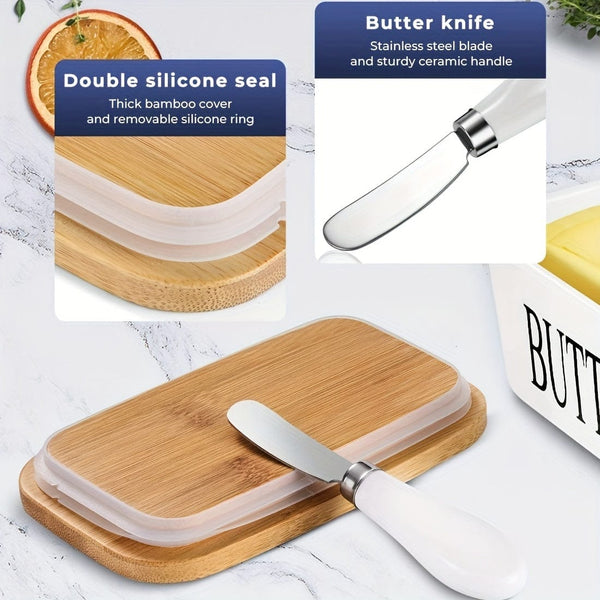 Planet Gates 1set Ceramic Butter Dish With Bamboo Lid And Knife, Large Butter Keeper Container For Counter, Airtight Butter Holder With Cover For Kitchen