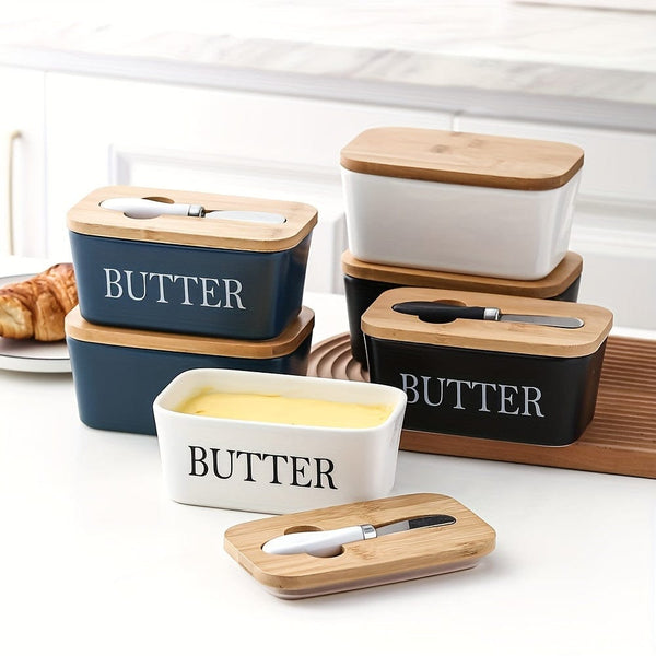 Planet Gates 1set Ceramic Butter Dish With Bamboo Lid And Knife, Large Butter Keeper Container For Counter, Airtight Butter Holder With Cover For Kitchen