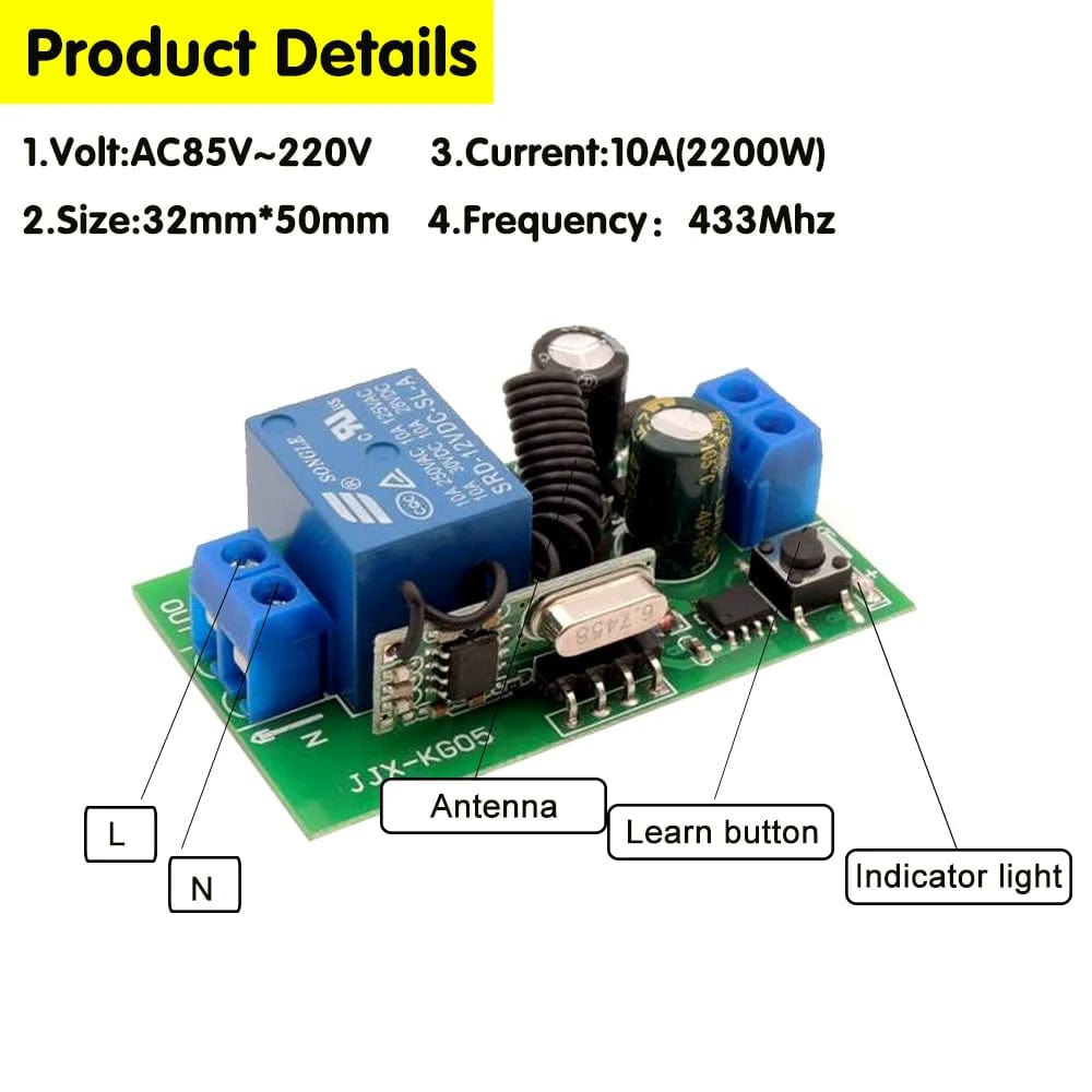 Planet Gates 1T / CHINA 433MHz Wireless Remote Control Switch AC110V 220V 10A 1CH Relay Module Receiver ON OFF Remote Control For Led Lights Bulb DIY