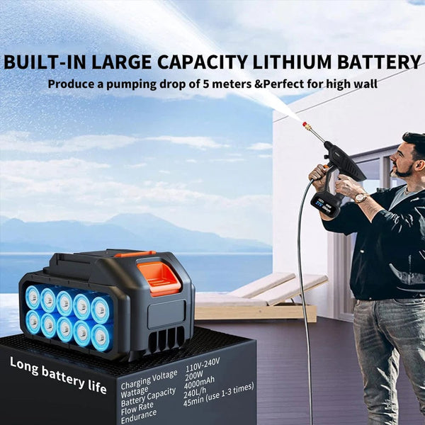 Planet Gates 1x 2000mah / EU 21V Cordless Pressure Washer,60Bar Multifunction Nozzle 1xBattery-Powered Copper Motor Washer Kit for Car Washing Window Clean