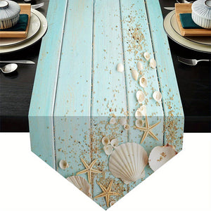 Planet Gates 2 1pc Vintage Ocean Style Encrypted Linen Table Runner, Summer Style Seahorse/Starfish/Seashell/Sand/Conch Table Runner, Tabletop Protection, Perfect For Kitchen Restaurant Dining Wedding Party Supplies