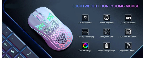 Planet Gates 2.4G Wireless Gaming Mouse RGB Lighting Charging Mouse  with Adjustable DPI Ergonomic Honeycomb Design for Desktop Laptop