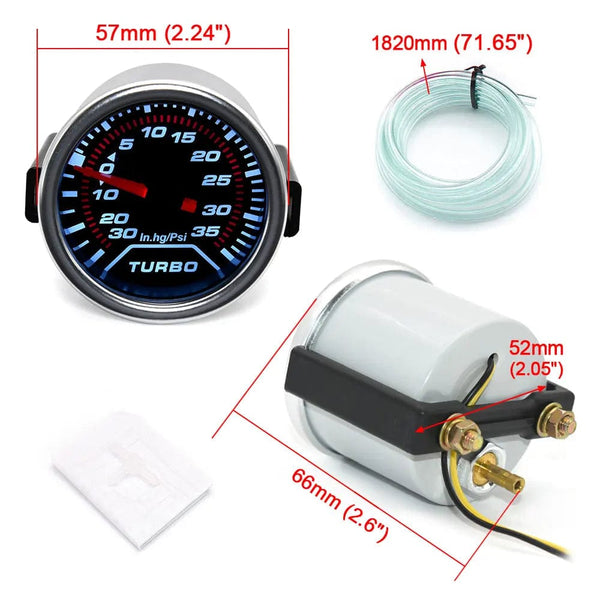 Planet Gates 2" 52mm Universal 12V LED Smoke Len -1~0~2 BAR Turbo Boost Gauge Meter / Turbo Boost Meter with White LED Backlight For 12V Car