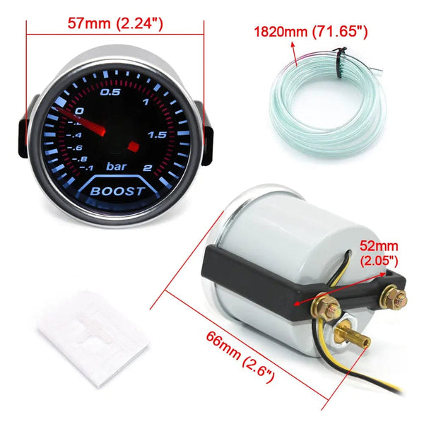 Planet Gates 2" 52mm Universal 12V LED Smoke Len -1~0~2 BAR Turbo Boost Gauge Meter / Turbo Boost Meter with White LED Backlight For 12V Car