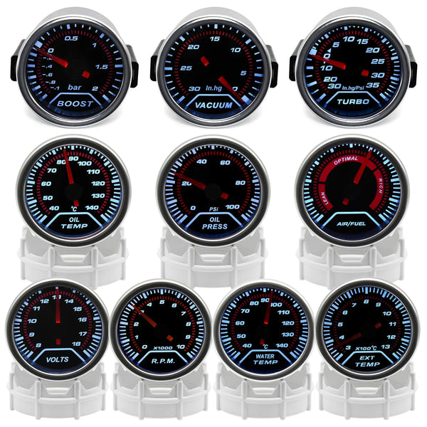 Planet Gates 2" 52mm Universal 12V LED Smoke Len -1~0~2 BAR Turbo Boost Gauge Meter / Turbo Boost Meter with White LED Backlight For 12V Car